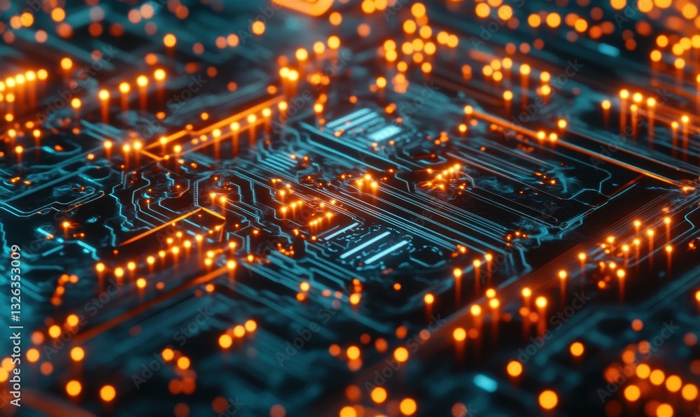 Obraz premium Glowing circuit board with data flow, tech background