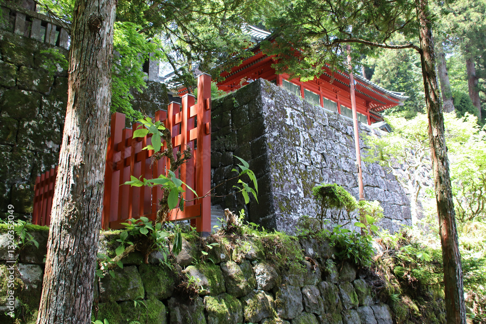 wood palisade and pavilion in a temple in nikko in japan