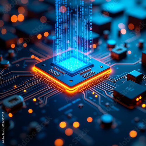 A futuristic chip illuminated in vibrant blue and orange, embedded in an electronic circuit board. The digital data stream represents the advancement of technology.