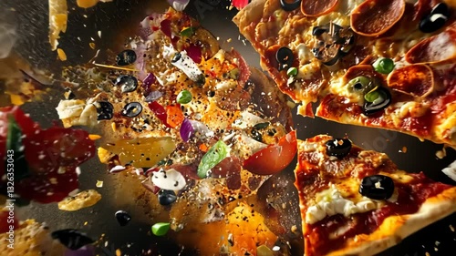 Delicious pizza slices with various toppings flying in an energetic, dynamic display above a colorful background