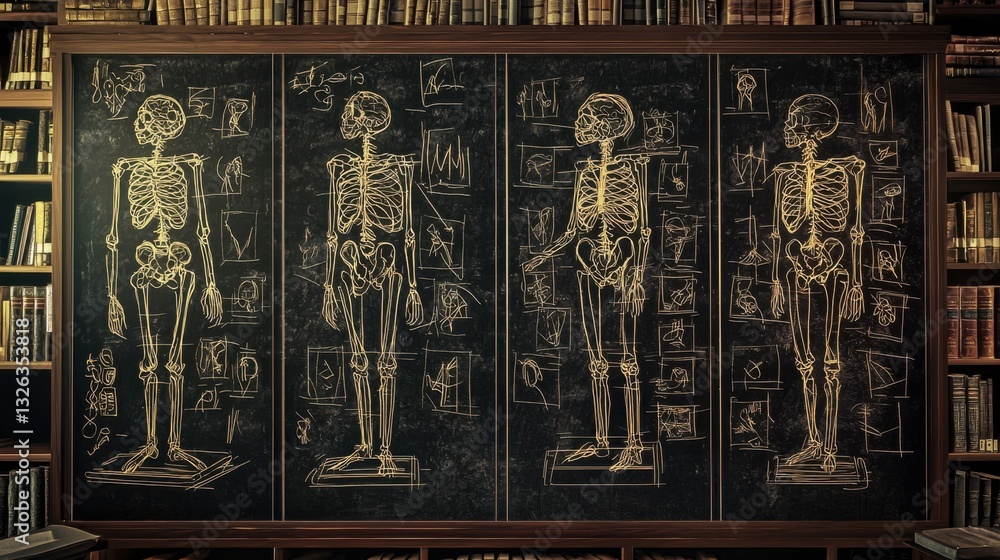 Obraz premium A well-organized bookcase featuring a detailed skeleton drawing amongst various books