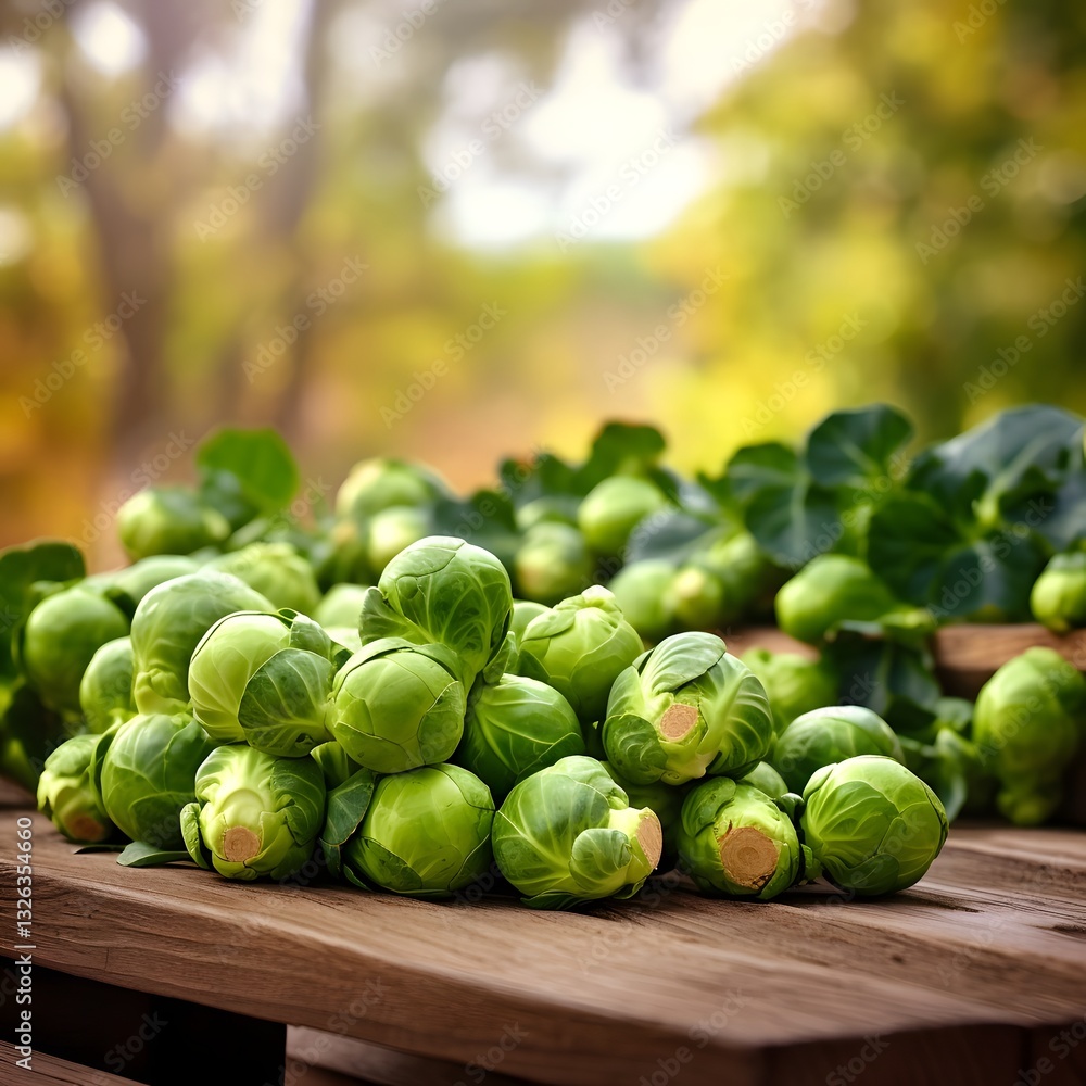 Vibrant Brussels Sprouts on Rustic Wooden Table with Blurred Landscape Background Vibrant Brussels Sprouts on Rustic Wooden Table with Blurred Landscape Background