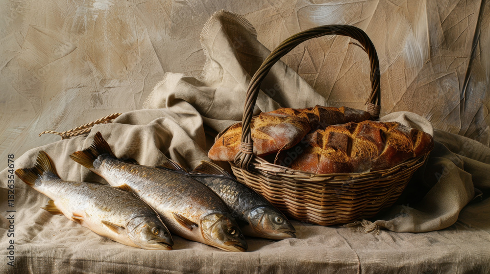 Obraz premium loaves of bread and fish in rustic basket