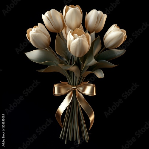 Tulips bouquet, flowers with golden ribbon on a black background, floral arrangement for gift or decoration, illustration
