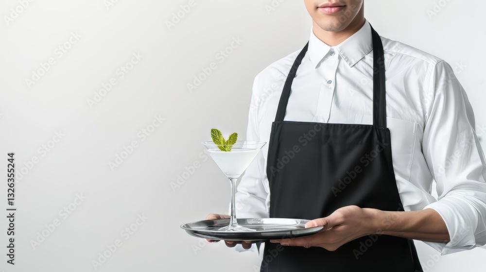 elegant restaurant waiter serving a cocktail on a tray at a catering event
elegant restaurant waiter serving a cocktail on a tray at a catering event