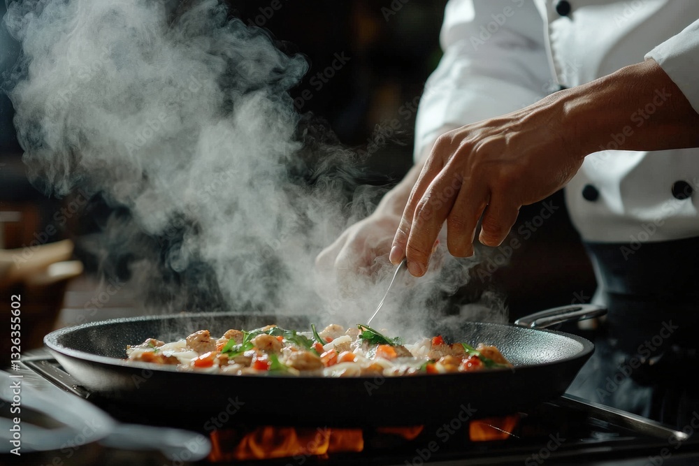 A chef plating a gourmet dish in a high-end restaurant kitchen, steam rising from the food A chef plating a gourmet dish in a high-end restaurant kitchen, steam rising from the food