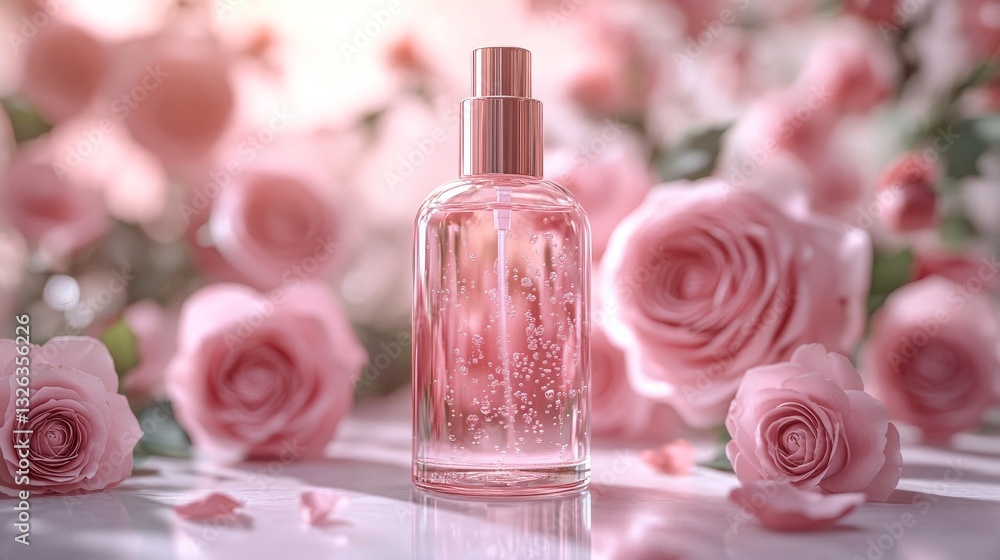 On a white table is a bottle of unmarked mineral spray. Fresh roses and a pink background may be seen behind it. This is a cosmetic product advertising. On a white table is a bottle of unmarked mineral spray. Fresh roses and a pink background may be seen behind it. This is a cosmetic product advertising.