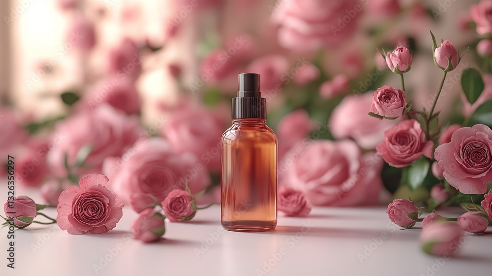On a white table is a bottle of unmarked mineral spray. Fresh roses and a pink background may be seen behind it. This is a cosmetic product advertising. On a white table is a bottle of unmarked mineral spray. Fresh roses and a pink background may be seen behind it. This is a cosmetic product advertising.