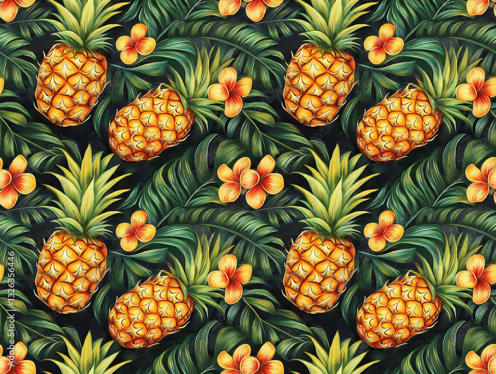 A lively vibes tropical pattern forest featuring pineapple and hibiscus. Seamless pattern A lively vibes tropical pattern forest featuring pineapple and hibiscus. Seamless pattern