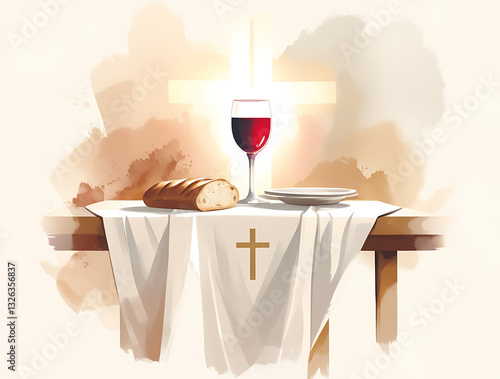 Eucharistic Symbols ; Bread, Wine, and the Bible on a Sacred Table