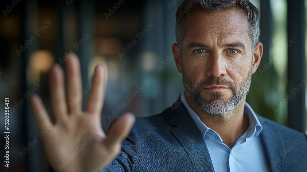 Fototapeta premium Businessman showing a stop gesture in an office setting