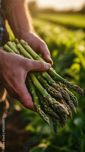 Harvesting fresh asparagus in vibrant green field, farm to table