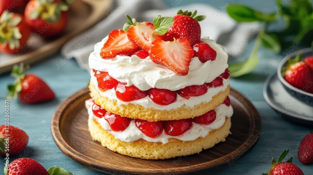 A delightful vanilla sponge and strawberry dessert, topped with smooth whipped cream and fresh strawberries, emphasizing the juicy, fluffy texture of the cake and fruit. A delightful vanilla sponge and strawberry dessert, topped with smooth whipped cream and fresh strawberries, emphasizing the juicy, fluffy texture of the cake and fruit.
