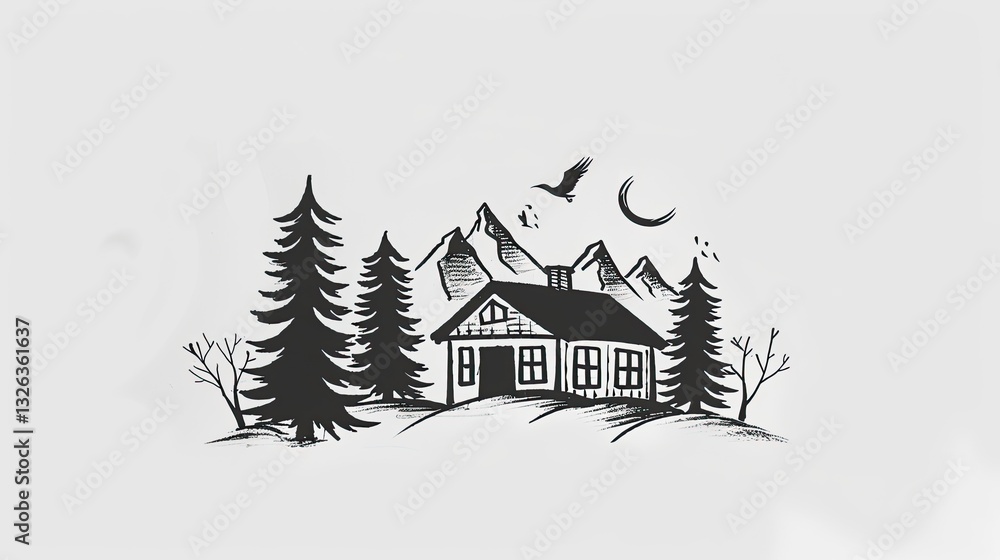 Obraz premium A simple ink painting of a cabin in the woods, with mountains and trees in the background, set against a white background