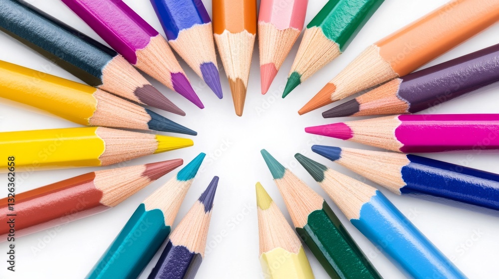 Vibrant colored pencils arranged in a circular pattern, forming a symmetrical and artistic composition. A top-down view showcasing multicolor drawing tools with sharp tips. Vibrant colored pencils arranged in a circular pattern, forming a symmetrical and artistic composition. A top-down view showcasing multicolor drawing tools with sharp tips.