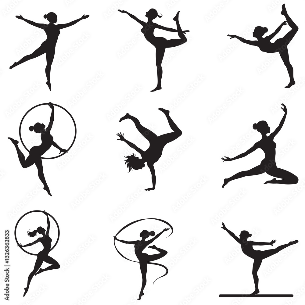Fototapeta premium Collection of Beautiful Gymnast Girl Silhouette in Exercise Clipart Art