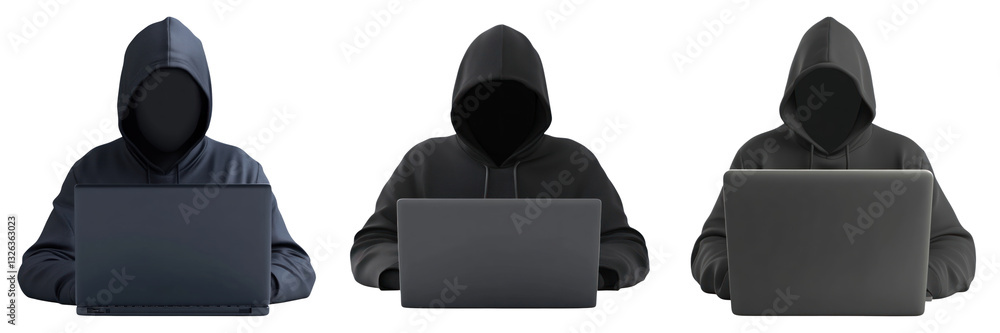 Three hooded figures using laptops, isolated on transparency background Three hooded figures using laptops, isolated on transparency background