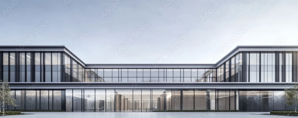 Fototapeta premium Modern architectural office building with glass windows reflecting the sky