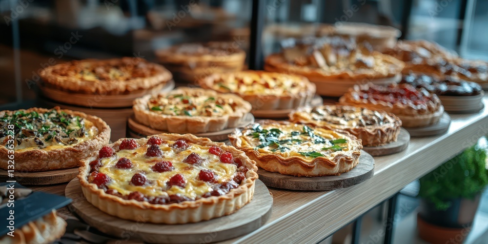 Delicious selection of savory tarts displayed on wooden platters in a cozy cafe setting Delicious selection of savory tarts displayed on wooden platters in a cozy cafe setting