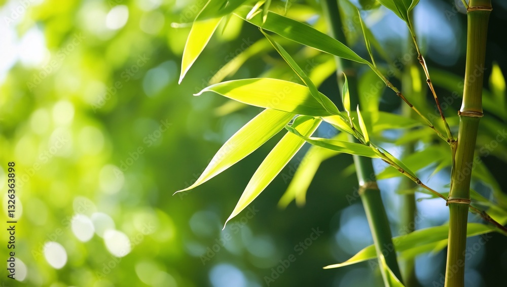 Obraz premium Green bamboo leaves in sunny forest, nature background, zen, spa backdrop