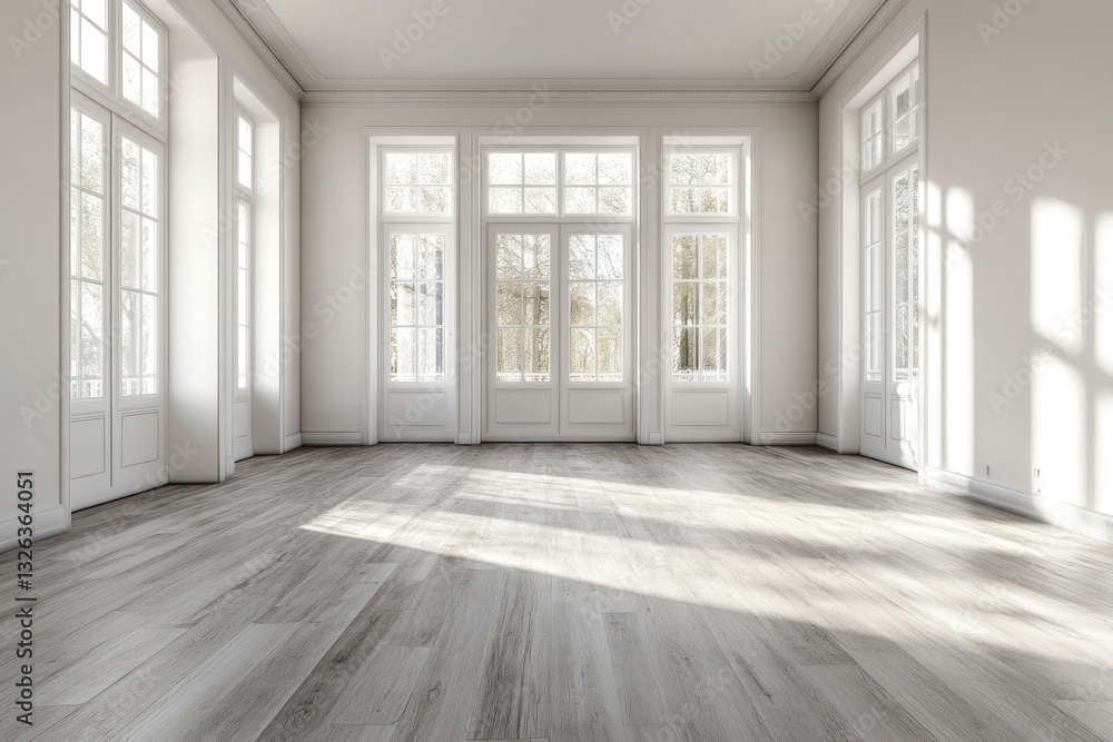 Fototapeta premium Sunlit empty room with hardwood floor and large windows.