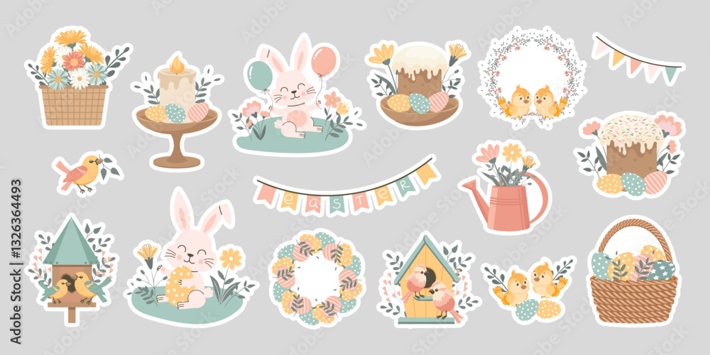 Cute Easter set. Spring collection of animals, birds, flowers and seasonal decorations. Design for greeting cards, posters, scrapbooking, stickers. Illustration in flat style. Cute Easter set. Spring collection of animals, birds, flowers and seasonal decorations. Design for greeting cards, posters, scrapbooking, stickers. Illustration in flat style.