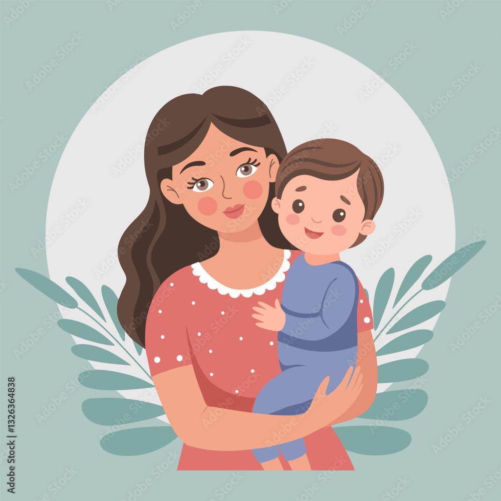 Loving mother and child. Portrait of family affection. Happy mother holding her son in her arms. Mother's day card. Flat style illustration. Loving mother and child. Portrait of family affection. Happy mother holding her son in her arms. Mother's day card. Flat style illustration.