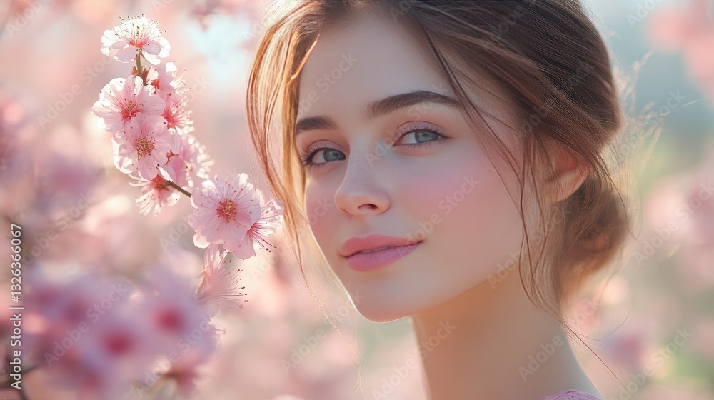 The scent of spring blossoms is being enjoyed by a woman wearing a pink outfit. It is International Women's Day. The scent of spring blossoms is being enjoyed by a woman wearing a pink outfit. It is International Women's Day.