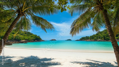 Tall coconut palm tree swaying over a pristine tropical beach with soft white sand and a turquoise sea. Exotic island paradise with crystal-clear water and blue sky on a sunny summer day.