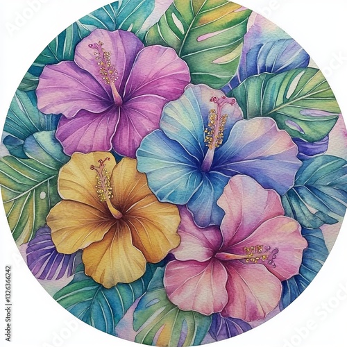 Wallpaper Mural Watercolor illustration of a frame adorned with tropical flowers and leaves, created by hand Torontodigital.ca