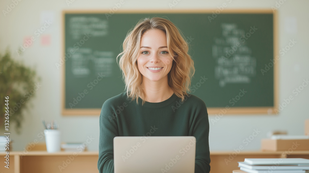 Smiling young female teacher sitting at a desk with a laptop in a classroom with a chalkboard in the background, embracing education and modern teaching methods Smiling young female teacher sitting at a desk with a laptop in a classroom with a chalkboard in the background, embracing education and modern teaching methods
