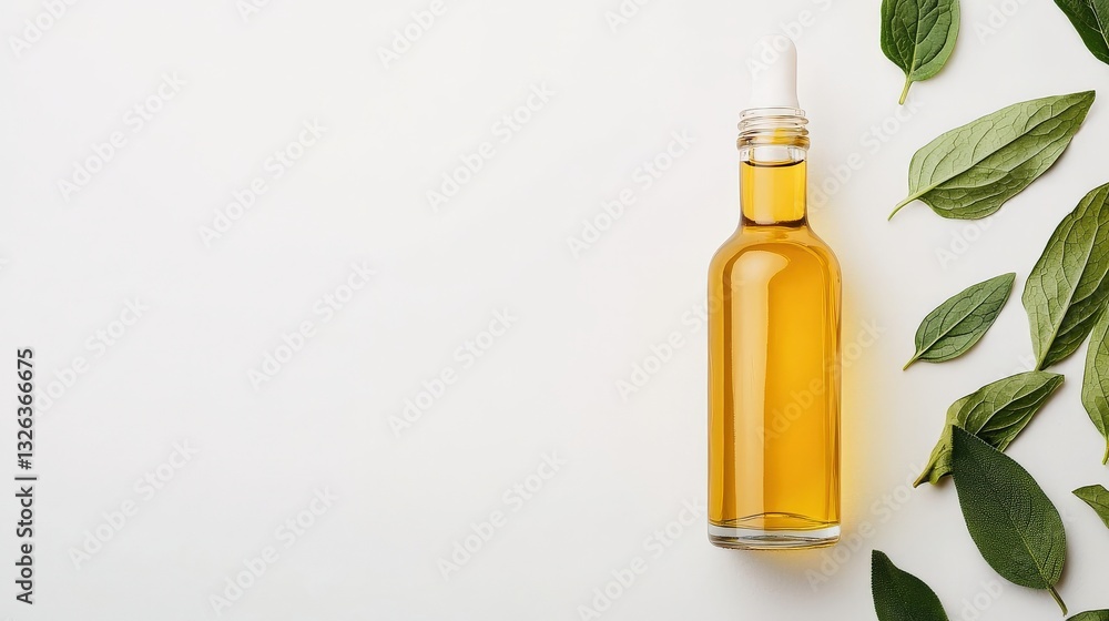 Antioxidant Extracts plant based concept. Glass bottle with yellow liquid beside green leaves on a white background. Antioxidant Extracts plant based concept. Glass bottle with yellow liquid beside green leaves on a white background.