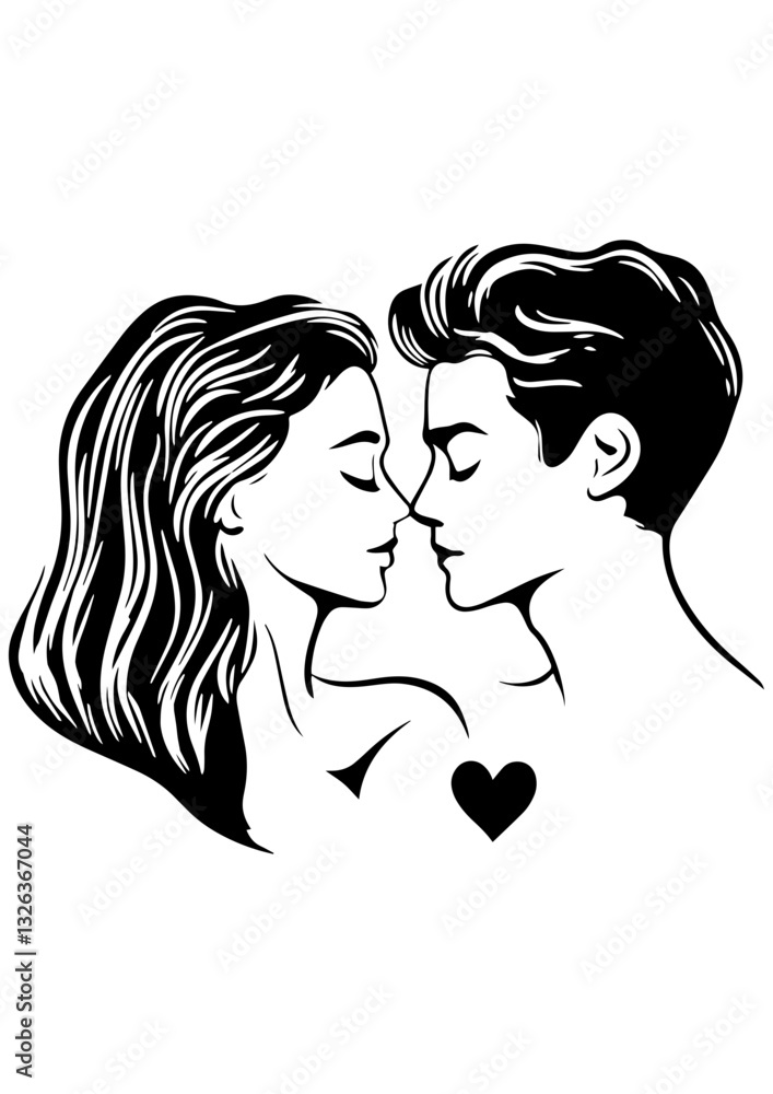 Romantic couple vector illustration, black and white line art, gift ideas, engrave laser, tattoo idea, logo design, vector sketch, couple love silhouette with heart Romantic couple vector illustration, black and white line art, gift ideas, engrave laser, tattoo idea, logo design, vector sketch, couple love silhouette with heart