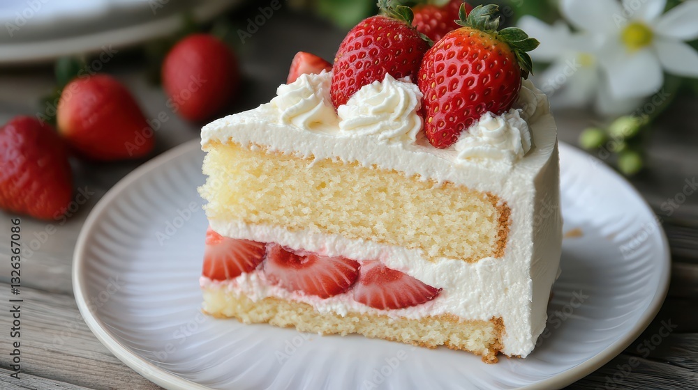 A fresh slice of vanilla sponge cake topped with smooth whipped cream and fresh strawberries emphasizes the soft, juicy texture of the cake and fruit for a summer treat. A fresh slice of vanilla sponge cake topped with smooth whipped cream and fresh strawberries emphasizes the soft, juicy texture of the cake and fruit for a summer treat.