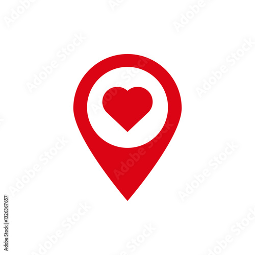 Red heart shaped map pin symbol representing location and love, set