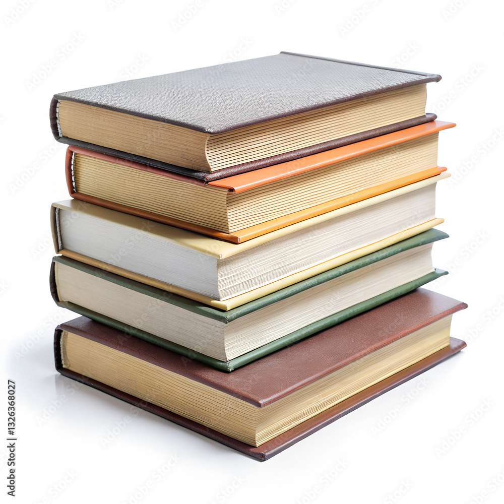 Stack of Hardcover Books with Multicolored Spines and Detailed Textures on White Background Stack of Hardcover Books with Multicolored Spines and Detailed Textures on White Background