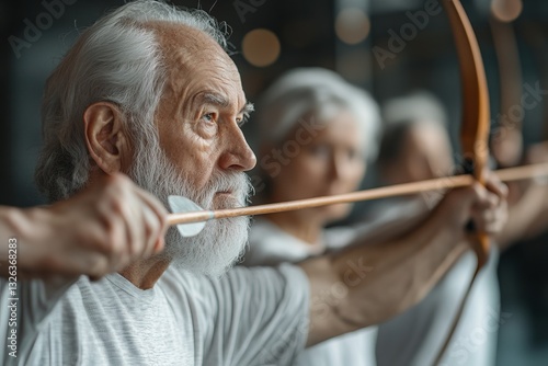 senior man practices archery with his friends.