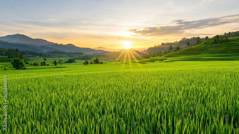 A scenic view of a lush rice field during sunset with golden hues A scenic view of a lush rice field during sunset with golden hues