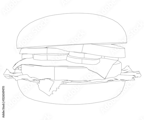 A drawing of a hamburger with lettuce and tomato. The hamburger is large and has a lot of toppings