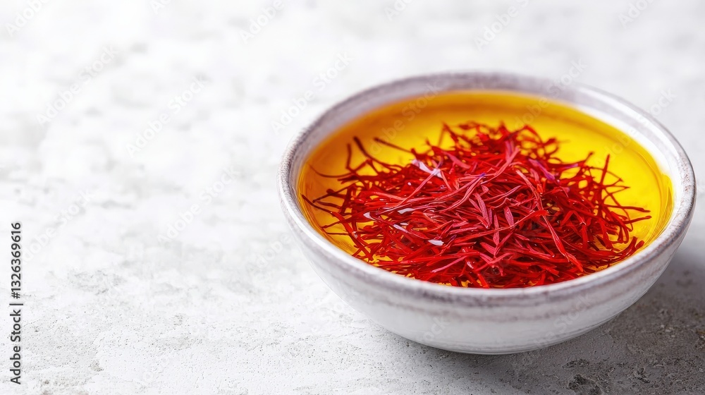 Fototapeta premium Antioxidant Extracts plant based concept. Bowl of saffron threads on a yellow sauce, garnished and artistic presentation.