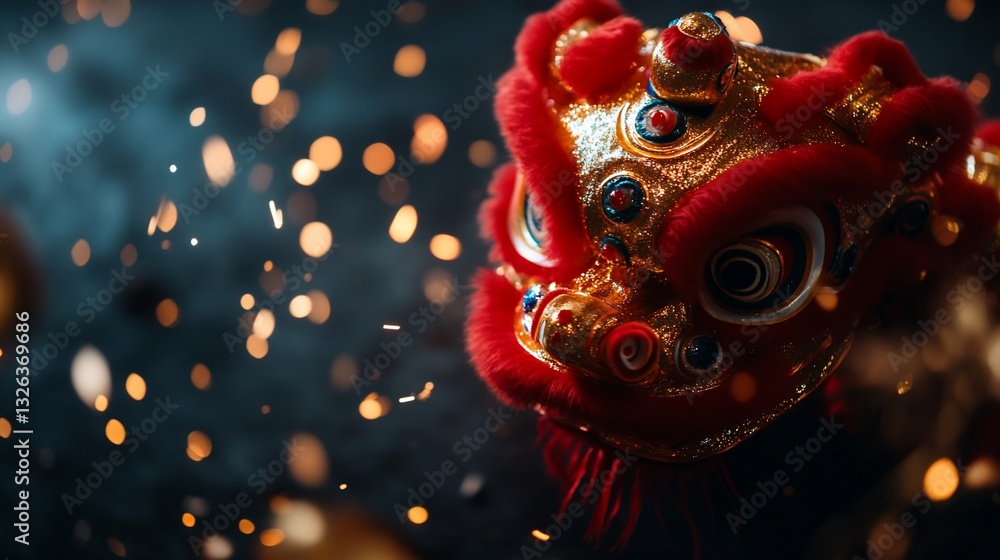 Festive chinese lion dance head with golden accents and bokeh light effects Festive chinese lion dance head with golden accents and bokeh light effects