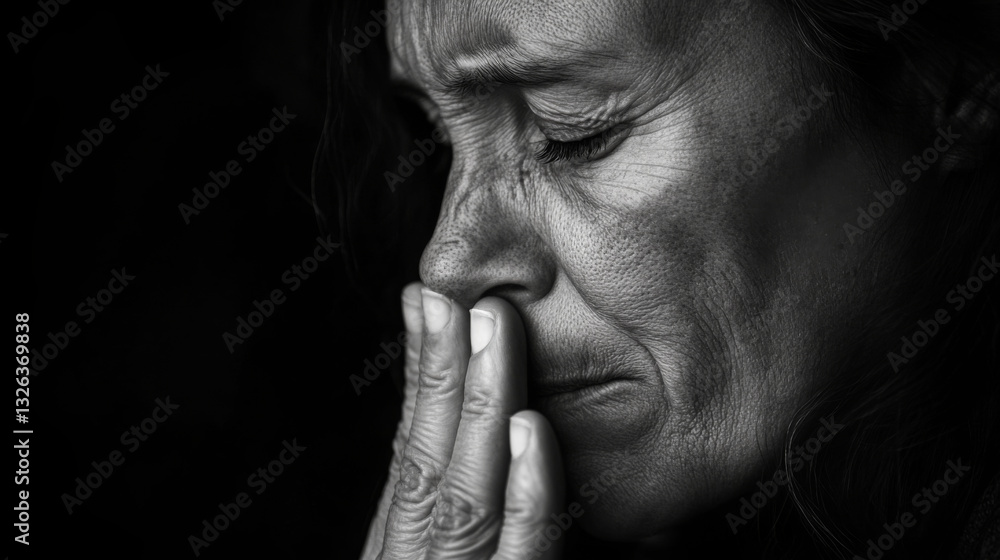A woman is praying with her hands clasped together A woman is praying with her hands clasped together