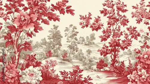 Vintage red toile de jouy floral pattern with scenic landscape