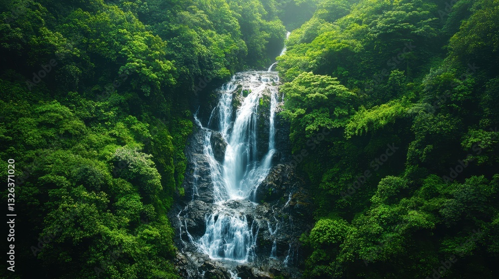 Majestic tropical waterfall cascading through lush greenery in sunlit forest landscape Majestic tropical waterfall cascading through lush greenery in sunlit forest landscape
