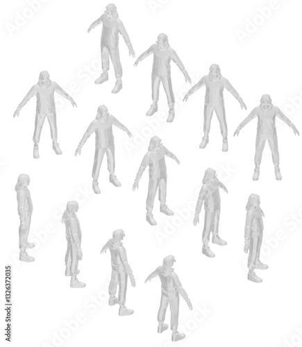 A group of people are standing, with some of them looking at the camera. The scene is set in a virtual world, and the people are likely characters in a video game or simulation. Isometric view. 3D