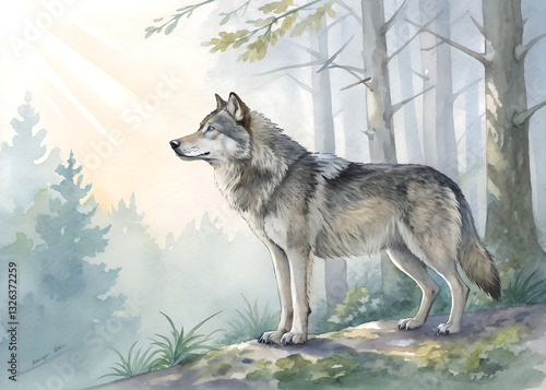 Watercolor illustration of a wolf standing in the middle of a dense forest.