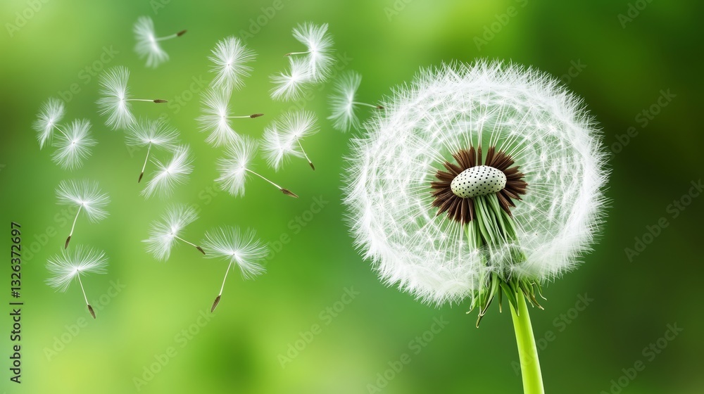 Fototapeta premium Elegant dandelion logo concept with flying seeds on a minimalist background. Creative wallpaper design featuring a delicate dandelion plant template for branding and decoration.