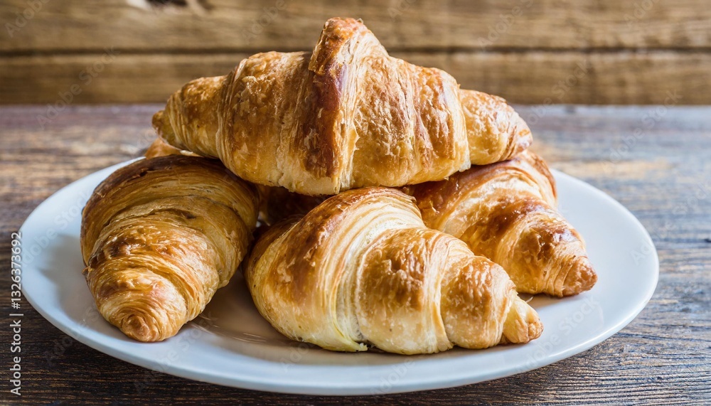 Croissants Served on a White Plate with Wooden Table Background Croissants Served on a White Plate with Wooden Table Background