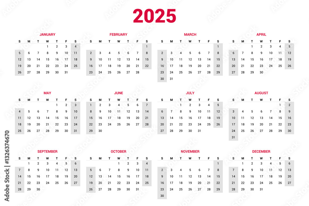 Calendar template for 2025 year. Planner diary in a minimalist style. The week starts on Sunday or Monday. Annual calendar template. Mockup design Calendar template for 2025 year. Planner diary in a minimalist style. The week starts on Sunday or Monday. Annual calendar template. Mockup design