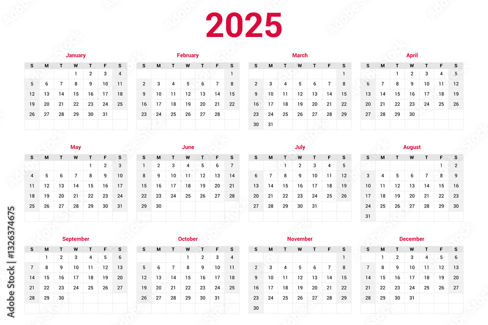 Calendar template for 2025 year. Planner diary in a minimalist style. The week starts on Sunday or Monday. Annual calendar template. Mockup design Calendar template for 2025 year. Planner diary in a minimalist style. The week starts on Sunday or Monday. Annual calendar template. Mockup design